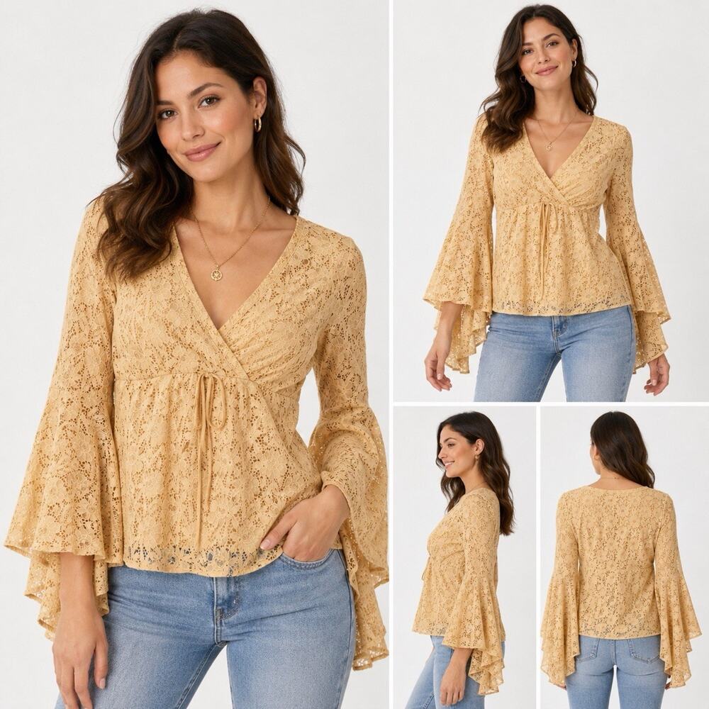 Monteau Womens Y2k Bell Sleeve Top Size XS Brown Peasant Floral Cutout 17” Pit